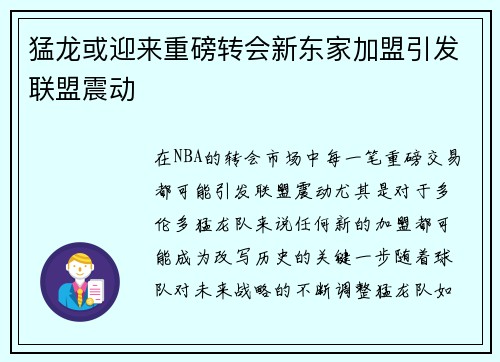 猛龙或迎来重磅转会新东家加盟引发联盟震动