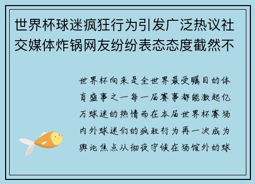 世界杯球迷疯狂行为引发广泛热议社交媒体炸锅网友纷纷表态态度截然不同