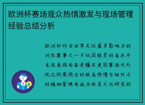欧洲杯赛场观众热情激发与现场管理经验总结分析
